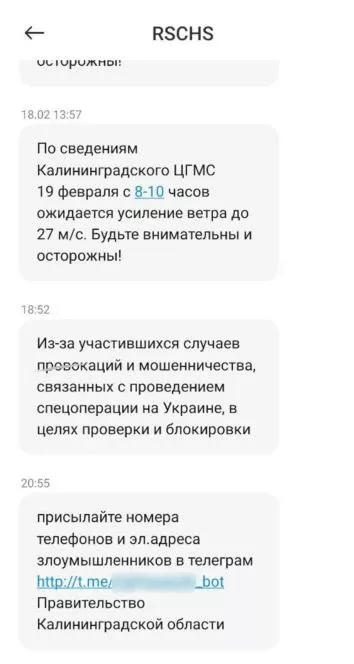 A screenshot of the text message sent to the Kaliningrad resident as published in Novaya Gazeta.