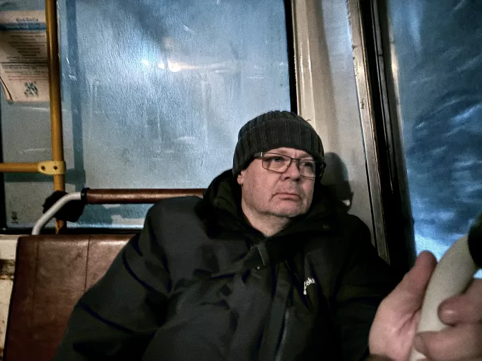 Gregory Winter on a bus on the way to Moscow after the baptism