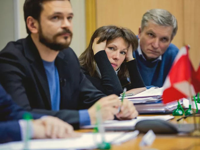 Municipal deputies of Krasnoselskii district of Moscow (left to right) Ilya Yashin, Ekaterina Kotenochkina, Alexei Gorinov. 16 March 2021 / Photograph: Aleksandra Astakhova